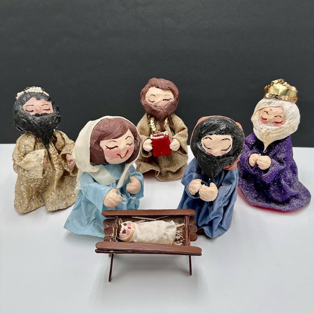 Vintage Handmade Paper Mache Nativity Mary Joseph Baby Jesus & Wise Men OOAK